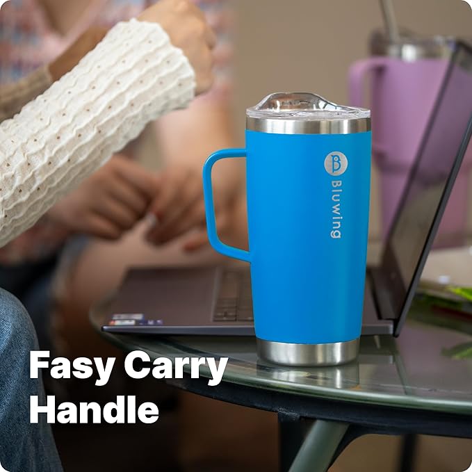 20 oz Insulated Tumbler with Handle Stainless Steel Travel Coffee Mug with Lid and Straw, Double Wall Tumbler Cups for Women and Men, BPA Free (Sky Blue)