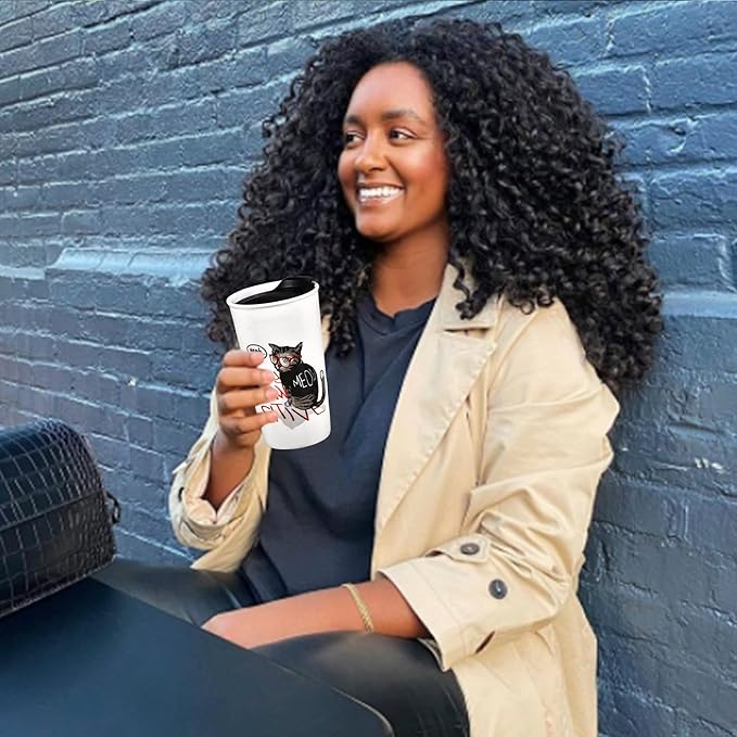 Ceramic Travel Coffee Mug, Reusable White Mug Unique To Go Coffee Cup with Splash Resistant Lid, Cute Travel Mugs for Cat Mon Dad Cat Lovers, 12 Ounce, Funny MEOW with Glasses Decor (Stay Paw Sitive)