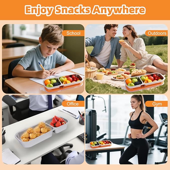 Stainless Steel Snack Containers with Lids, Reusable Condiment Storage Box, Divided Food Storage for School, Home, Travel, Multiple Compartment Leak-Proof Box (‎2 Compartment)