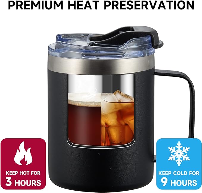 ALOUFEA 12oz Stainless Steel Insulated Coffee Mug with Handle, Double Wall Vacuum Travel Mug, Tumbler Cup with Fliping Lid, Black and Army Green