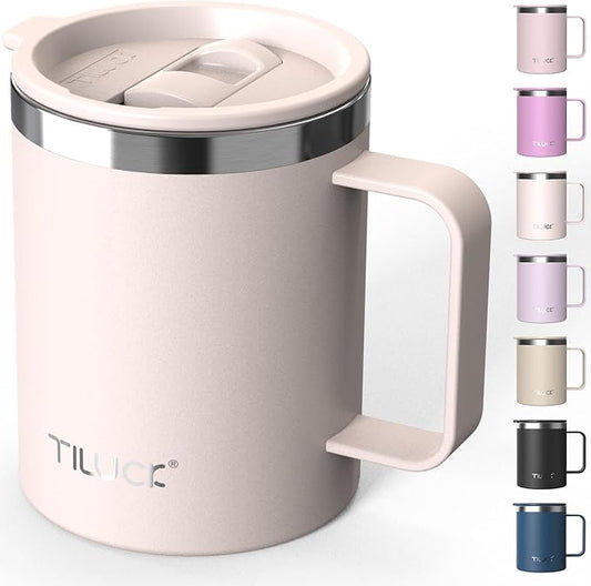 TILUCK 12 oz Insulated Coffee Mug with Lid, Leak-Proof Stainless Steel Travel Mug Cup with Handle for Hot or Cold Drinks(SakuraPink, 12oz)