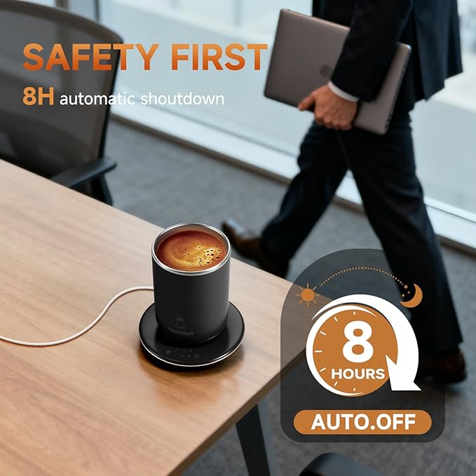 Temperature Control Self Stirring Coffee Mug with Lid, Automatic Heated Coffee Milk Cocoa Cup, Black 11 oz Smart Stainless Steel Mug Warmer with USB Type-C