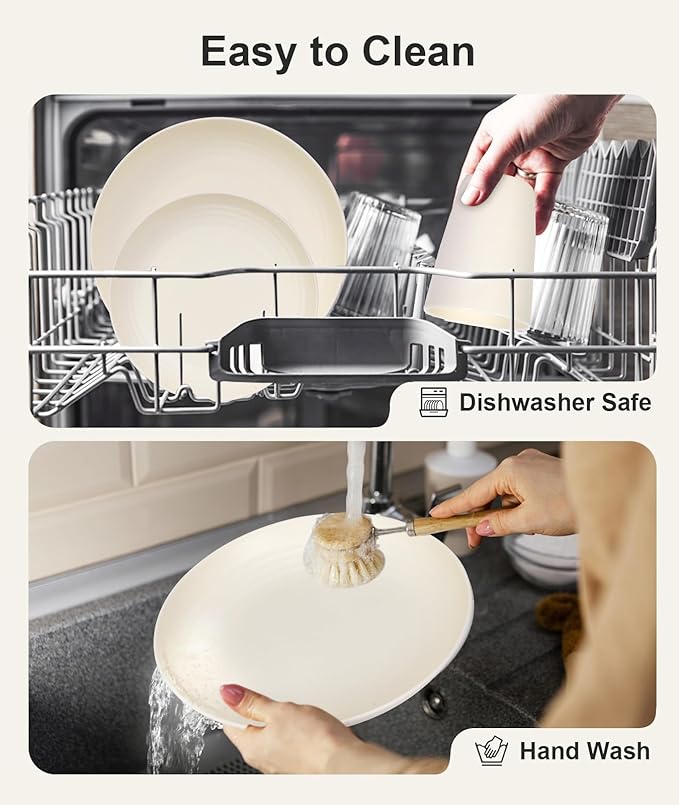 Quatish 32 Piece Plates and Bowls Sets for 8, Unbreakable Dinnerware Sets, Plastic Dish Set for Camping, Dishwasher Microwave Safe, Outdoor Kitchen and Apartment Dinning RV Essentials, Beige