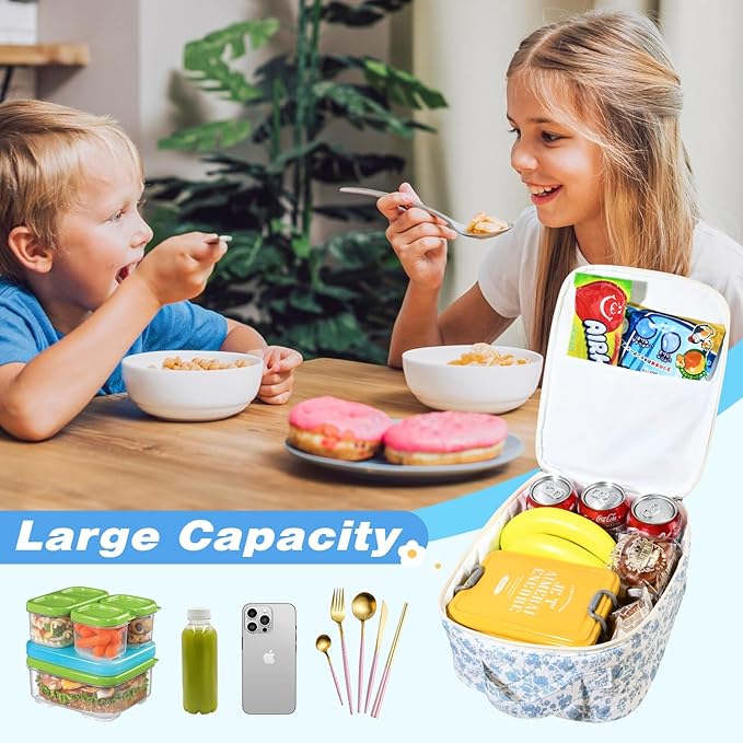 Aileam Lunch Box Lunch Bag for Women Cute Girls Insulated Womens Lunch Bag For Work Quilted Large Capacity Reusable Insulated Cooler for Work School Picnic Travel, Blue Flower