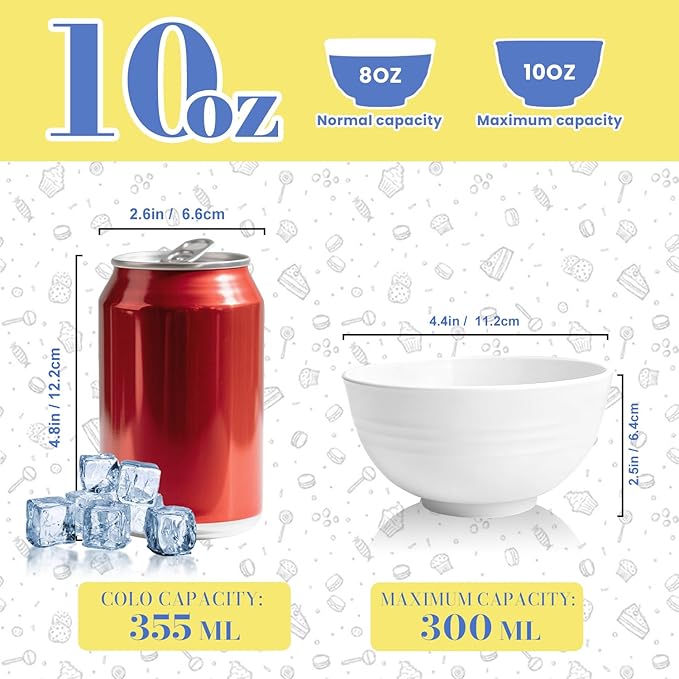 Wheat Straw Small Bowls 10 OZ, Unbreakable Dessert Bowls Set of 6, Microwave & Dishwasher Safe Bowl for Kitchen, Mini Reusable Plastic Bowl for Kitchen, White