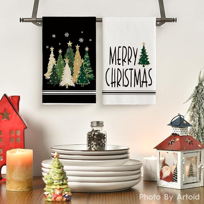 Artoid Mode Black Xmas Tree Merry Christmas Kitchen Towels Dish Towels, 18x26 Inch Farmhouse Star Snowflakes Decoration Cleaning Set of 2