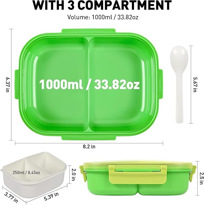 Bento Boxes with Removable Compartments for Adults & Kids,1000ml Lunch Box with Spoon & Water Cup,BPA-Free,Microwave & Dishwasher Safe(Green)