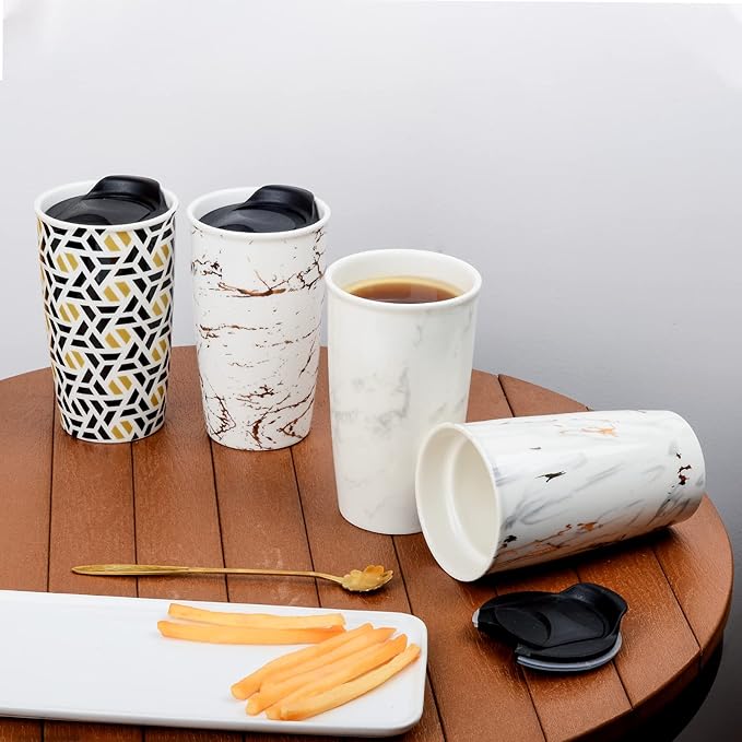 ANTIS'S HOME Ceramic Coffee Mug with Lid, Marble Gold Double Wall Coffee Travel Mug Ceramic Tumbler 12 oz, Reusable Tall Cup, Splash Resistant Lid, Dishwasher Microwaveable Safe