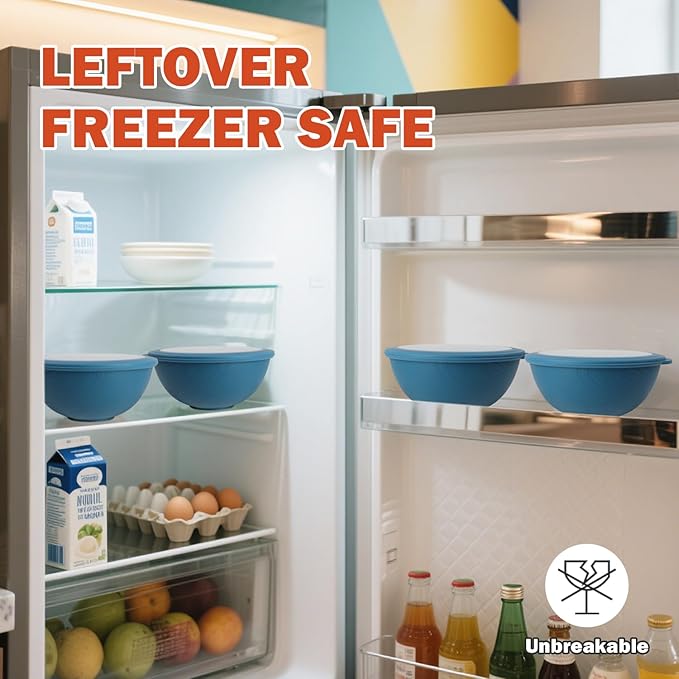 Wrova wheat straw bowls with lids set of 4, 40oz cereal bowls with covers,unbreakable salad container for lunch, dishwasher safe bowl sets for kitchen. Blue