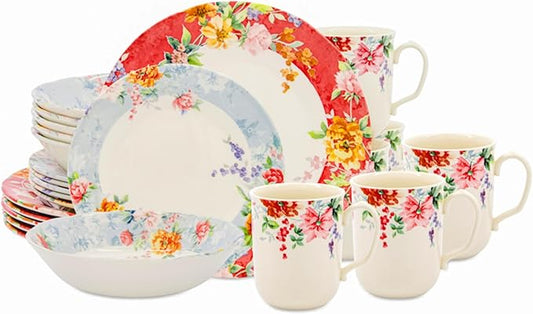 Tudor Royal 24-Piece Porcelain Round Dinnerware Set, Service for 6, Crimson Design, Summer Floral, Plates Bowls Mugs Dishes, Glossy, Premium Quality Tableware