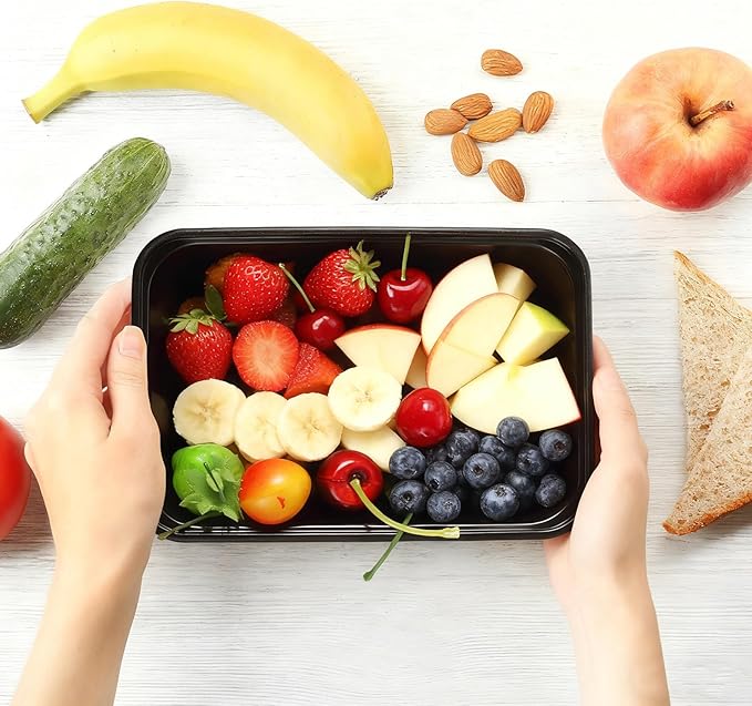 Sawysine 100 Pcs Plastic Meal Prep Containers Food Storage Containers Reusable Lunch Bowls with Lid Stackable Disposable Lunch Boxes 1 Compartment Bento Box (Black,22oz，25oz，34oz)