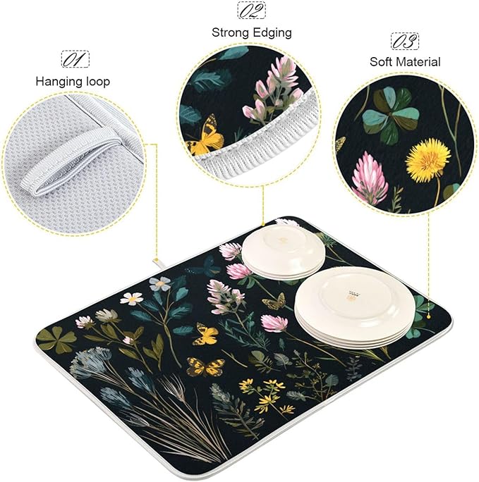 Wildflowers and Grasses Dish Drying Mat for Kitchen Counter Super Absorbent Dishes Pad Reversible Microfiber Protector Dish Draining Mats 16x18 inch