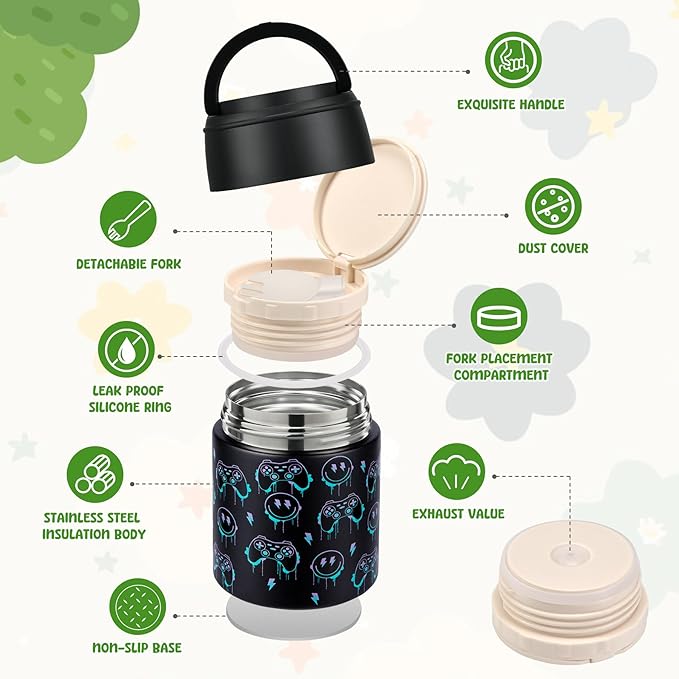 10oz Soup Thermo for Hot Food Kids Insulated Food Jar with Spoon Wide Mouth Stainless Steel Lunch Container Leak Proof Vacuum Food Box for School Travel Picnic Black Game