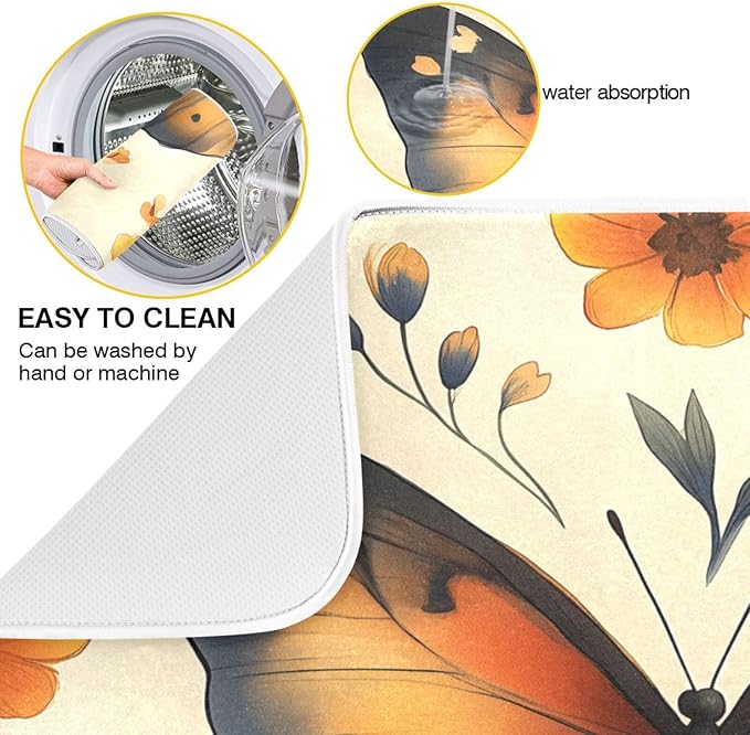 Watercolor Butterfly Pattern Dish Drying Mat for Kitchen Counter Super Absorbent Dishes Pad Reversible Microfiber Protector Dish Draining Mats 18x24 inch