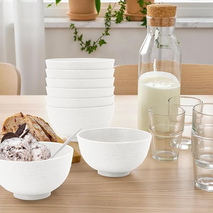 Wrova Wheat Straw Snack Bowls 10oz Set of 8 - Unbreakable Dessert Bowl for Kids - Small White Bowls for Ice Cream,Snack and Fruits - Microwave & Dishwasher Safe Mini Appetizer Bowl Sets - White