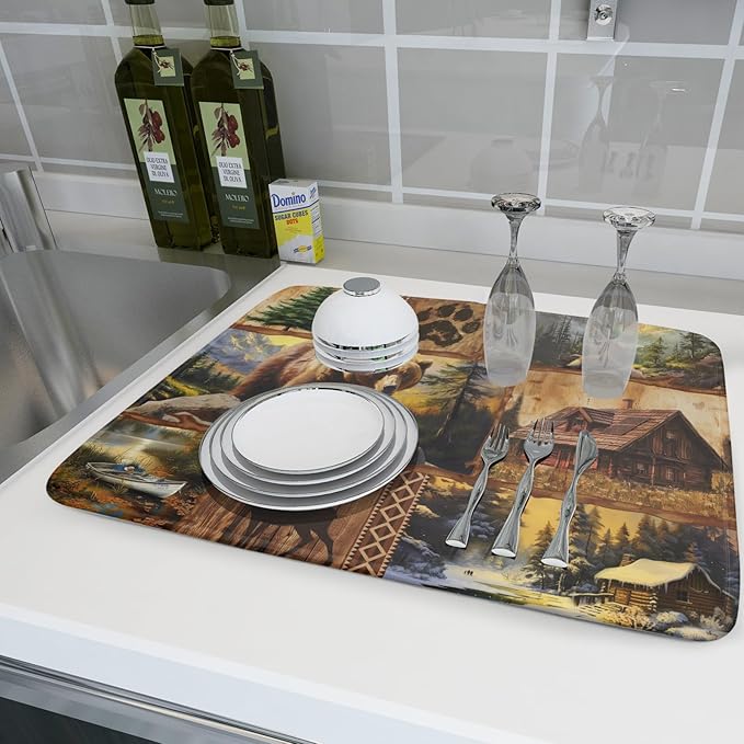 Bear Deer Fox Dish Drying Mat Rustic Cabin Lodge Dish Drainer Mats 18x24 Inch Absorbent Washable Dishes Rack Pad for Sink Kitchen Counter