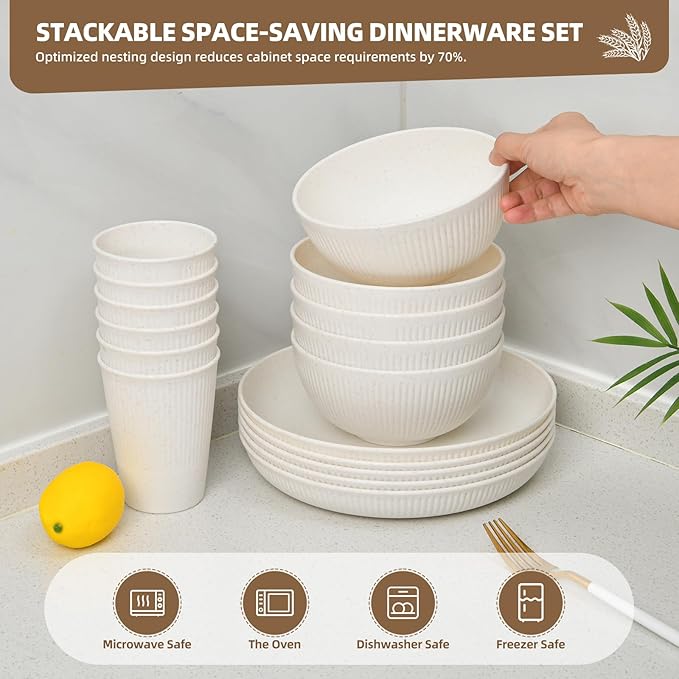 18 pcs Wheat Straw Dinnerware Sets for 6 - Lightweight & Unbreakable Cups Plates and Bowls Sets Microwave Dinnerware Set for Kitchen, Travel & Camping Beige