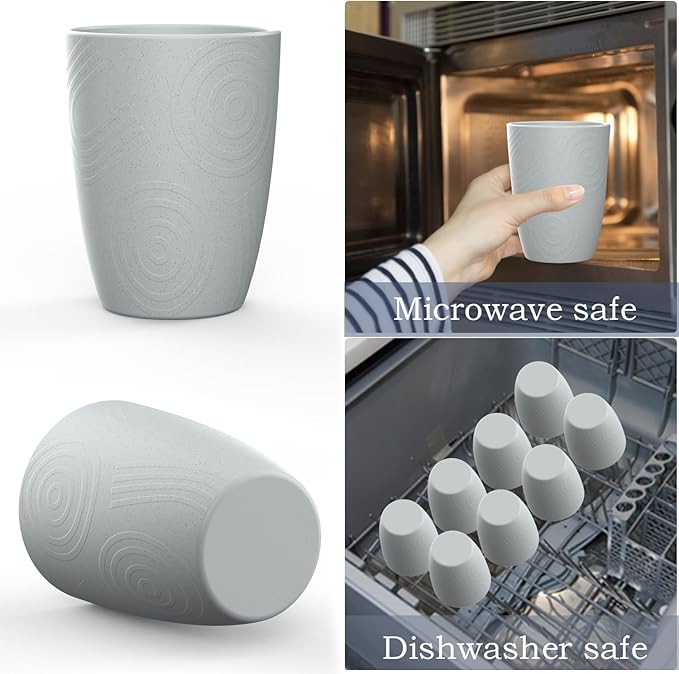 Wheat Straw Cups 8 PCS Good Alternative to Plastic Reusable Cups 12 oz Unbreakable Drinking Cup Reusable Dishwasher Safe Water Plastic Glasses Light Grey