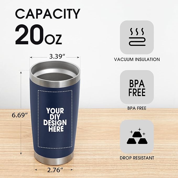 Personalized Custom Tumbler Print in USA 20oz Stainless Steel Coffee Cup with Lid & Straw Double Wall Insulated Tumbler with Colorful Text Logo Photo