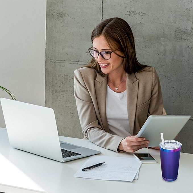 20 oz Tumbler Bulk 4 Pack Stainless Steel Tumblers with Lids and Straws, Double Wall Vacuum Insulated Travel Coffee Mug for Laser Engrave, Powder Coated Cups for Hot and Cold Drinks (Blue,4 pack)