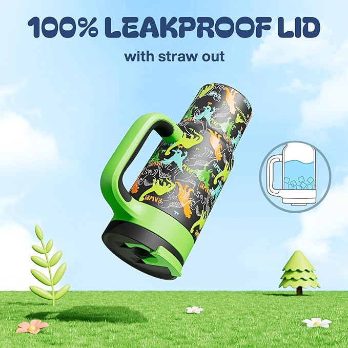 24 oz Kids Tumbler with Straw for Boys: Leakproof, Cold for 26 Hrs, Hot for 10 Hrs, Durable Handle, Insulated Stainless Steel Cup for Daycare, School, Classroom, Playtime, Birthday, Gift (Dino Rawr）