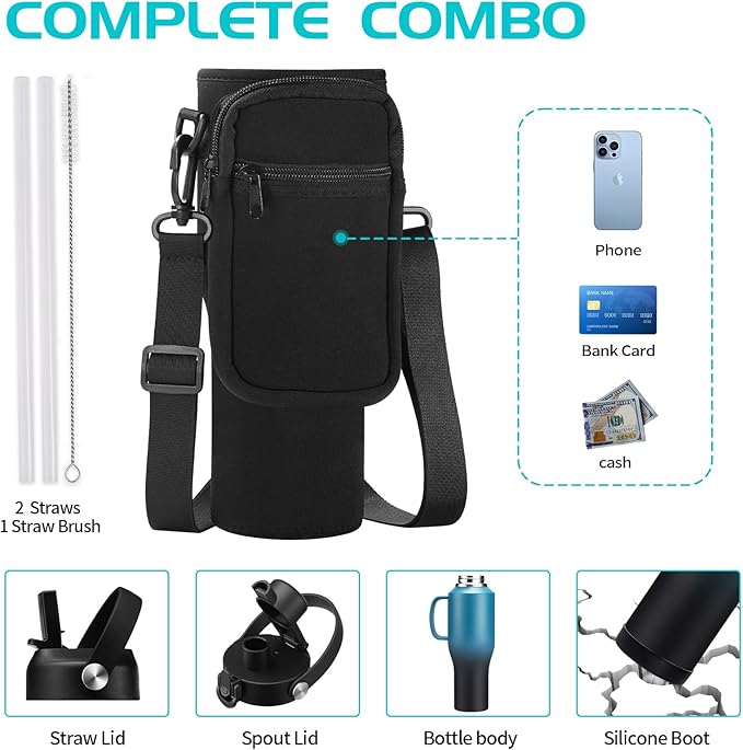 40 oz Insulated Cup with Handle - Stainless Steel Water Bottles with Straw & Auto Chug Lids, Carrier Pouch, Water Metal Coffee Tumblers Metal Flask, Fits in Cup Holder Leak Proof, Keep Cold 48h