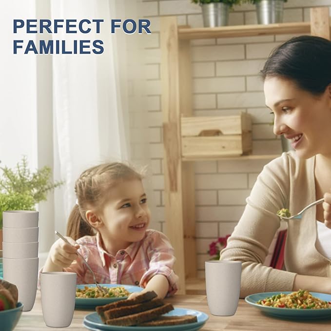 Wheat Straw Cups 6 PCS Good Alternative to Plastic Reusable Cups 12 oz Unbreakable Drinking Cup Reusable Dishwasher Safe Water Plastic Glasses Beige