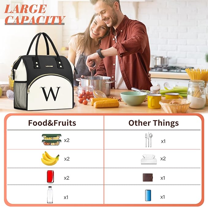 Personalized Lunch Box for Women, Initial Reusable Insulated Lunch Bag, Wide-Open Adult Lunchbox Cooler Lunchbag, Initial Leakproof Lunch Tote Bag for Picnic Work Outdoors Black and White - A