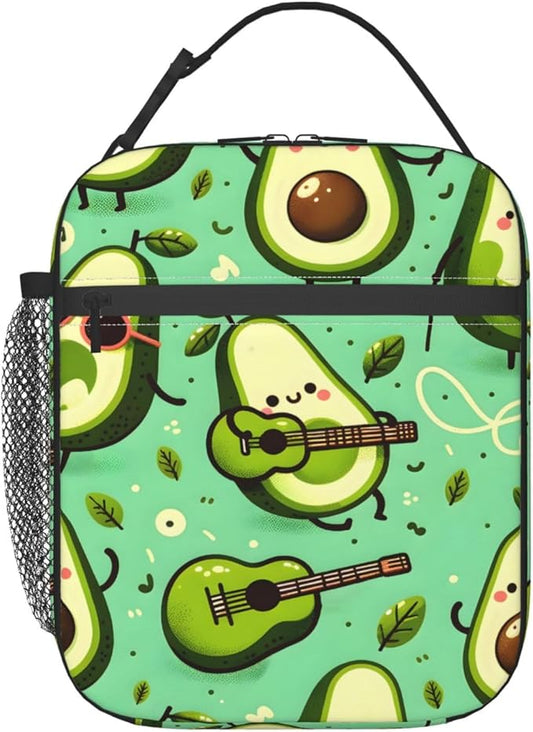 Reusable Avocado Music Lunch Box for Kids, Insulated Cute Fun Guitar Leaf Green Bag,Polyester Cooler Fruit Lovers Handbags Case for School Picnic Work Travel Beach or Hiking, Gifts