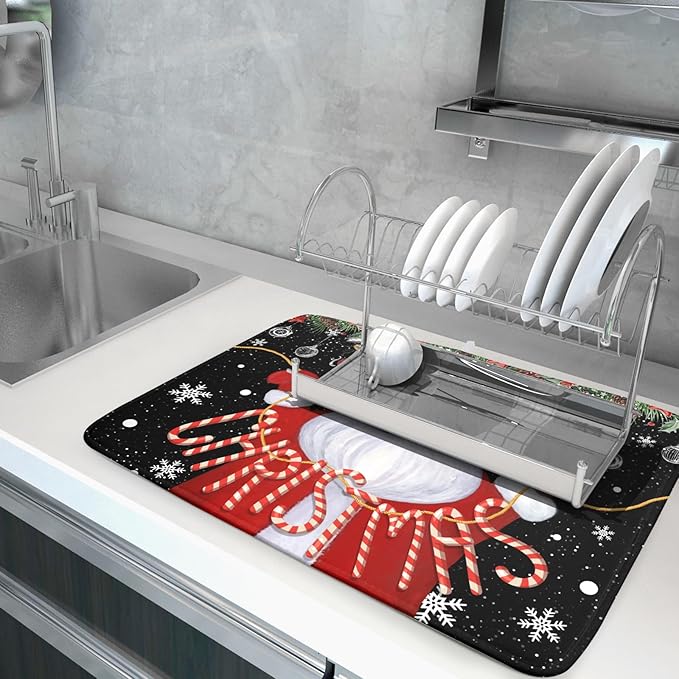 Absorbent Dish Drying Mat Santa Claus Christmas Dish Mat for Kitchen Countertops , 18 x 24 inch, Multicolor Winter Xmas Microfiber Dishes Drainer Pad Plate Holder