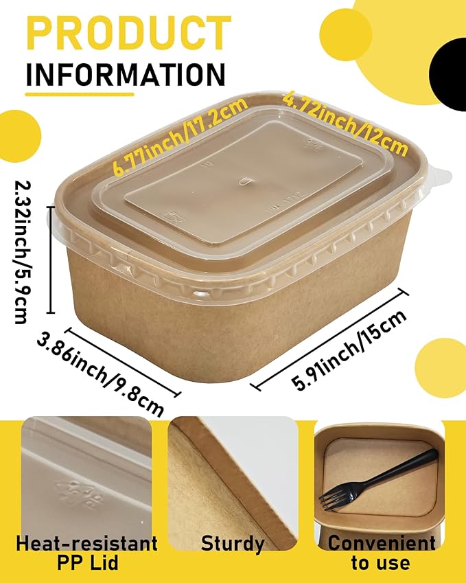 25OZ Paper Food Containers [with Lids & Forks] Disposable Meal Prep Containers 50 Pack Rectangle Take Out Box for Salad, Hot/Cold Food, Treat Serving Bowls for To Go Food, Office Lunch, Picnic, Party