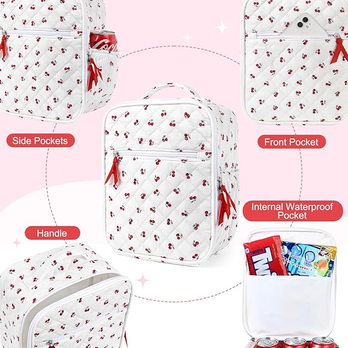 Aileam Lunch Box Lunch Bag for Women Cute Girls Insulated Womens Lunch Bag For Work Quilted Large Capacity Reusable Insulated Cooler for Work Picnic Travel Little Red Cherries