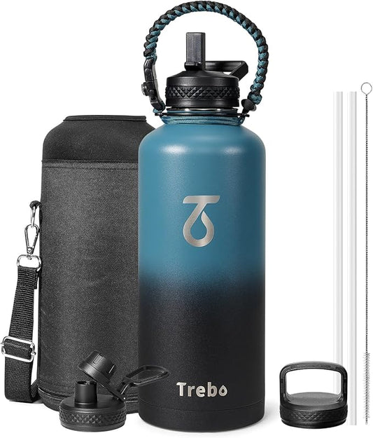 Trebo Water Bottle Insulation 87 oz, Vacuum Stainless Steel Water Jug (Keep Cold for 48 Hrs), LeakProof & Non-BPA, Water Flask with Paracord Handle & Straw Spout Lids, Indigo/Black