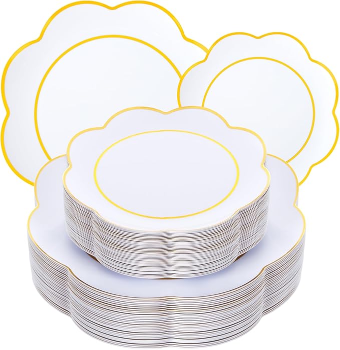 WONDERFUL 60pcs White Plastic Plates Disposable Heavy Duty White and Gold Plastic Plates for Party High-End Plate Includes 30 10.25in Dinner & 30 7.5in Dessert Plate Wedding/Christmas/Thanksgiving