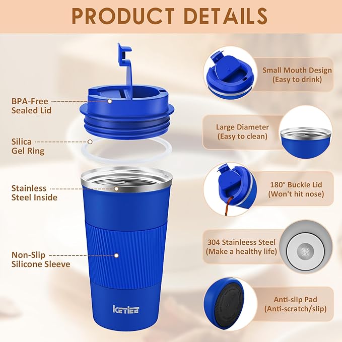 KETIEE Travel Coffee Mug 12oz: Insulated Travel Mug with Leakproof Lid, Reusable Coffee Cups with Seal Lid, Vacuum Stainless Steel Tumbler to Go for Hot/Ice Drinks (Blue)
