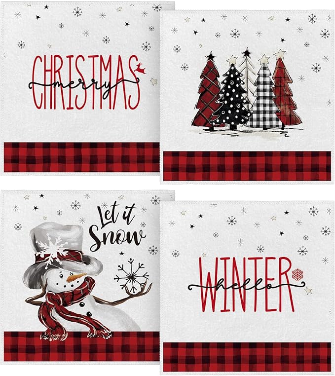 Artoid Mode Red Black Buffalo Plaid Snowman Xmas Trees Christmas Kitchen Towels Dish Towels, 10x10 Inch Daily Seasonal Winter Decoration Hand Towels Set of 4
