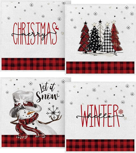 Artoid Mode Red Black Buffalo Plaid Snowman Xmas Trees Christmas Kitchen Towels Dish Towels, 10x10 Inch Daily Seasonal Winter Decoration Hand Towels Set of 4