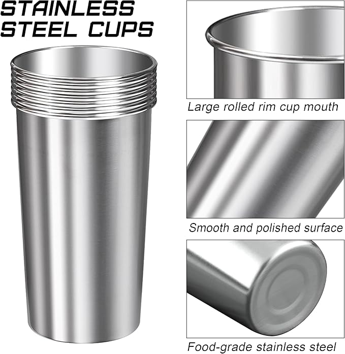 Ruisita 6 Pack 20 oz Stainless Steel Cups Metal Shatterproof Stackable Pint Drinking Cups for Adults or Kids (20 oz/600 ml)