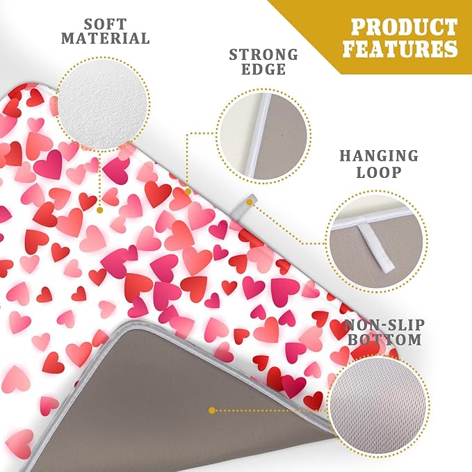 Valentine's Day Dish Drying Mat for Kitchen Counter Hearts Holiday Microfiber Absorbent Dish Draining Reusable Washable Foldable Extra Large 18"x24"