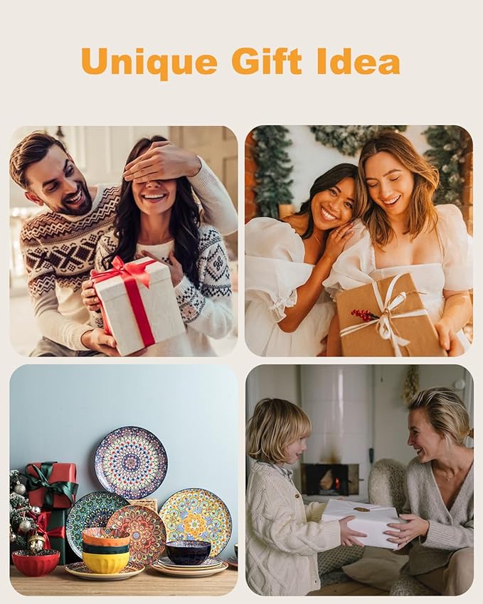 Salad Plate Set of 6, 8.5 Inch Dinner Plates for Salad, Pasta, Dessert,Steak, Appetizers Colorful Bohemian Style Dishes for Kitchen