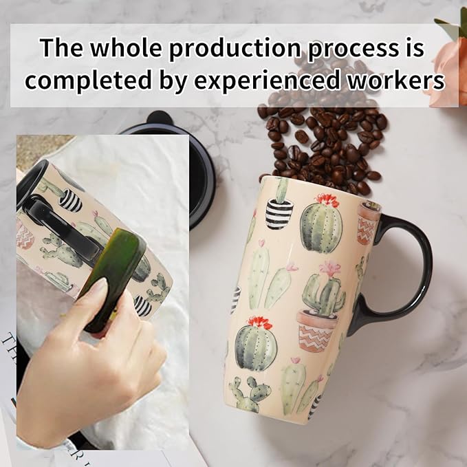 Topadorn Ceramic Mugs Porcelain Latte Tea Cup Coffee Mug with Lid and Handle Coffee Cup,17oz. Cactus