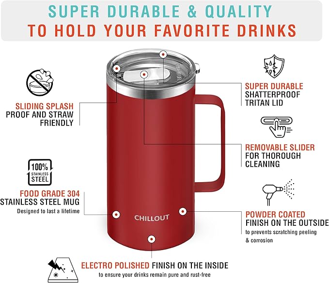 CHILLOUT LIFE Stainless Steel 20 oz Vacuum Insulated Coffee Mug with Handle and Lid, Large Thermal Camping Coffee Mug Cup with Durable Sliding Lid for Men & Women, Keeps your Beverages Hot/Cold