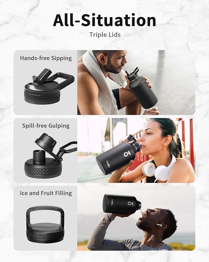 Trebo 64oz Water Bottle Insulated,Large Stainless Steel Water Jug with 3 Lids, Triple Wall Vacuum Sports Thermo bottle Keep Hot 24 Hours & Cold 48 Hours,Wide Mouth Flask,Black