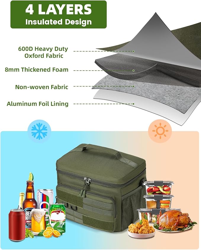 RalChyez Tactical Lunch Box, 13L Large Insulated Lunch Bag MOLLE Webbing Leakproof Thermal Cooler with Shoulder Strap Lunch Pail for Adult Men Women Office Work Camping Picnic Travel Green