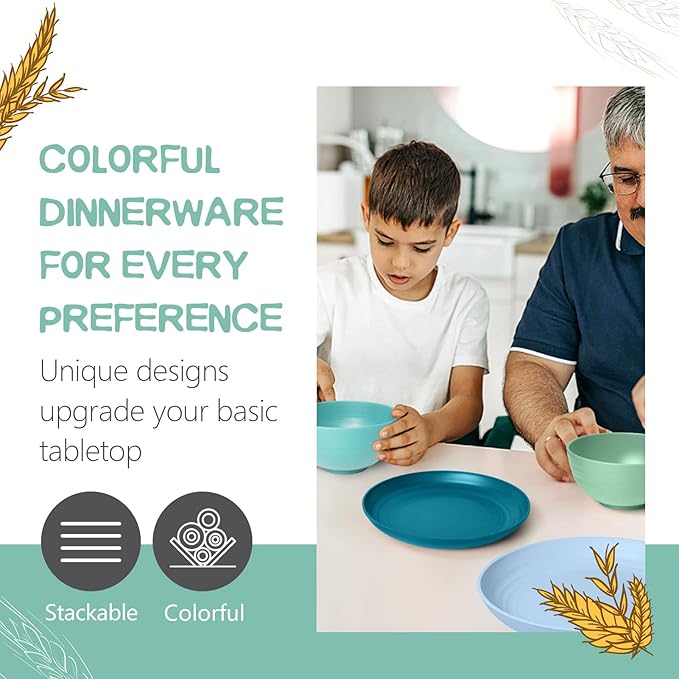 Teivio 32-Piece Kitchen Plastic Wheat Straw Dinnerware Set, Service for 8, Dinner Plates, Dessert Plate, Cereal Bowls, Cups, Unbreakable Colorful Plastic Outdoor Camping Dishes, Sky Multicolor