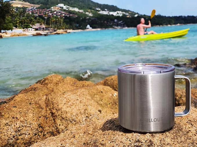 CHILLOUT LIFE Stainless Steel Vacuum Insulated Coffee Mug 16 oz (Set of 2) with Handle and Lid, Large Thermal Camping Coffee Mugs with Sliding Lid for Men & Women, Keeps Your Beverages Hot & Cold