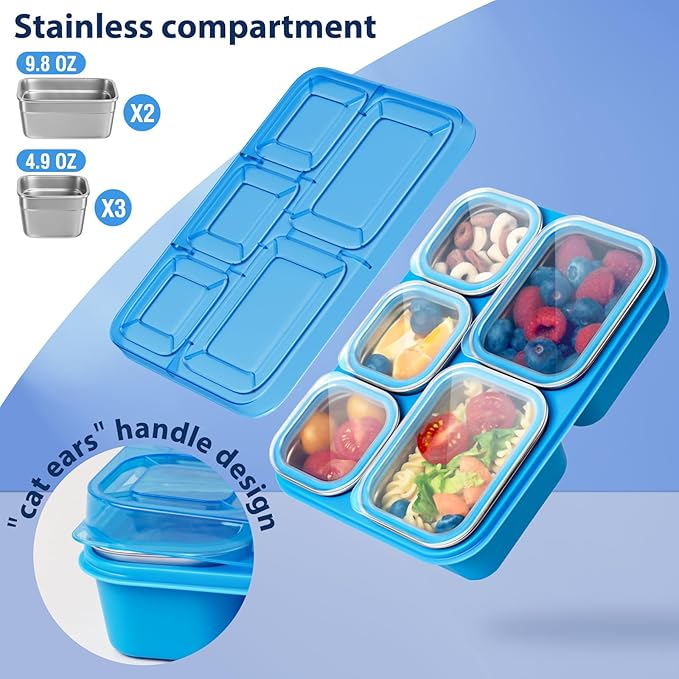 Stainless Steel Snack Containers - 2 Pack, BPA-Free Lunch Bento Box with 5 Compartment, Reusable Food Storage Snackle Box for School, Work, and Travel, Dishwasher Safe (Pink/Blue)