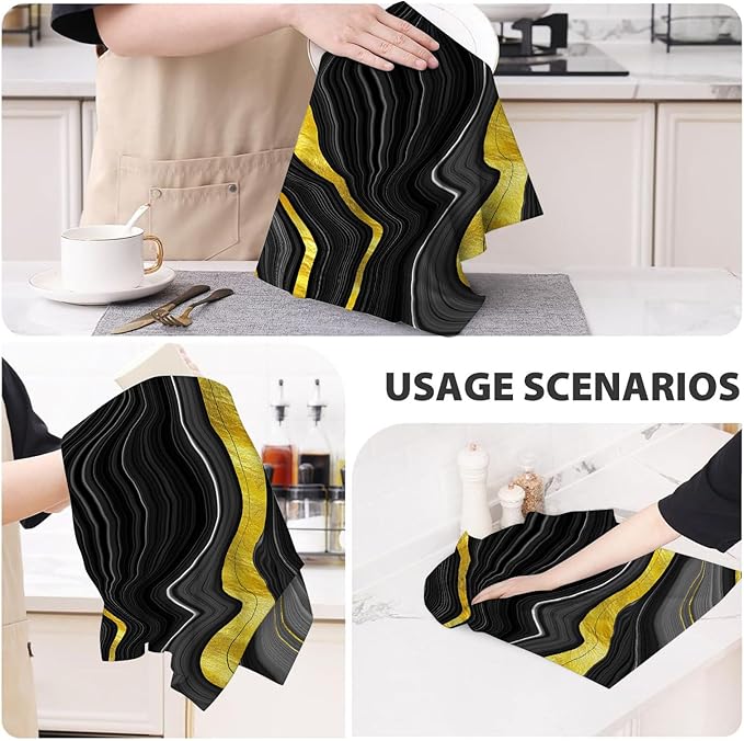 Black Gold Kitchen Towels Set of 2, Marble Texture Decorative Dish Hand Towels for Bathroom Bar Abstract Modern Absorbent Drying Cloth 16x24 Inch, Black Gold Kitchen Decor