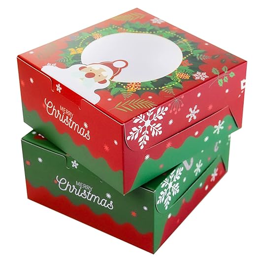 qiqee Christmas Cookie Boxes with Window 6x6x3 Inch 100packs Bakery Box Pastry Box for Christmas
