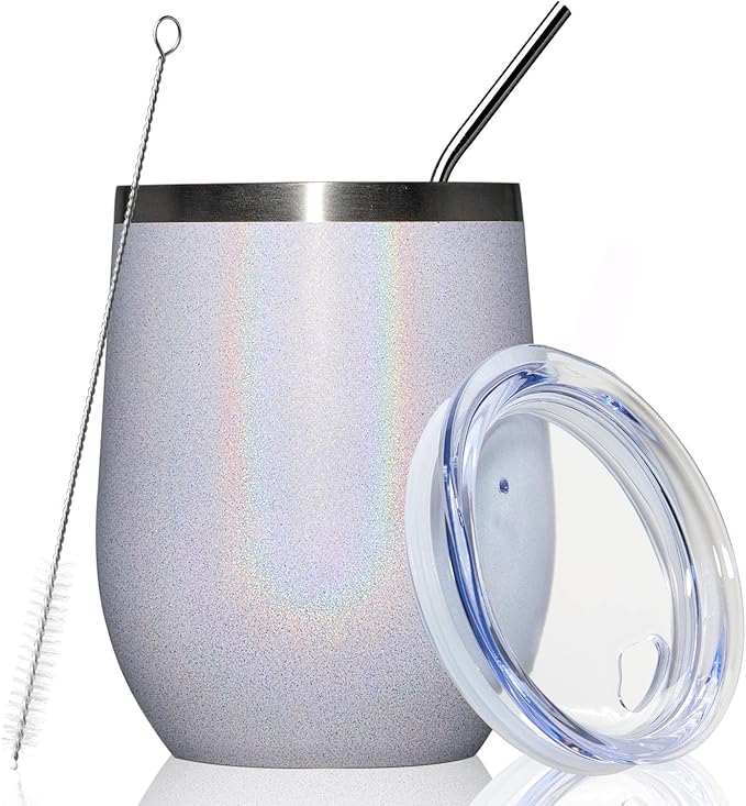 MEWAY Stemless 12 OZ Wine Tumbler Glasses with Lid -Insulated Double Wall Vacuum Stainless Steel Glitter Tumbler with Straw,for Woman Under 10 dollars (Rainbow White,1)